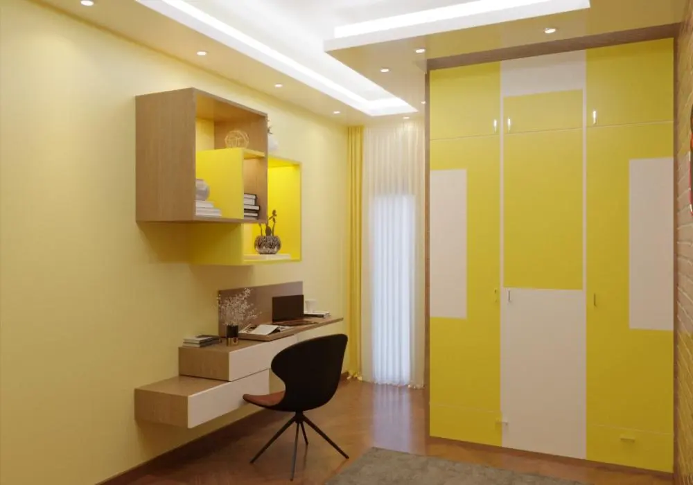 Modern luxury interior design of a study table and wooden shelf with yellow walls and lighting.