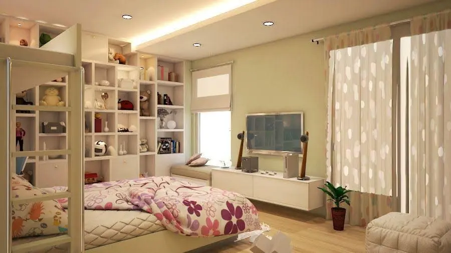Small bedroom interior design with shelved on the wall, light colour bed and curtains, and a TV on a table.