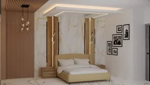 Modern home design with a cream coloured bed and white textured walls with roof lighting.