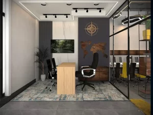 IT office interior design including two office chair and a wooden table with glass walls and plants.