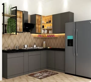 Kitchen interior design with a modern shelf and steel coloured fridge.